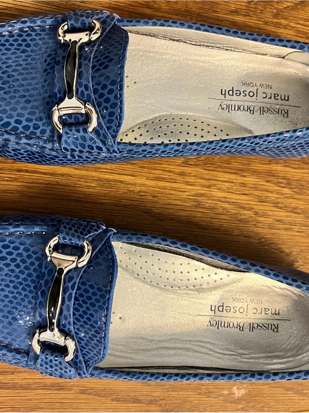 Russell & Bromley Blue Snake-Embossed Loafers with Silver Bit
